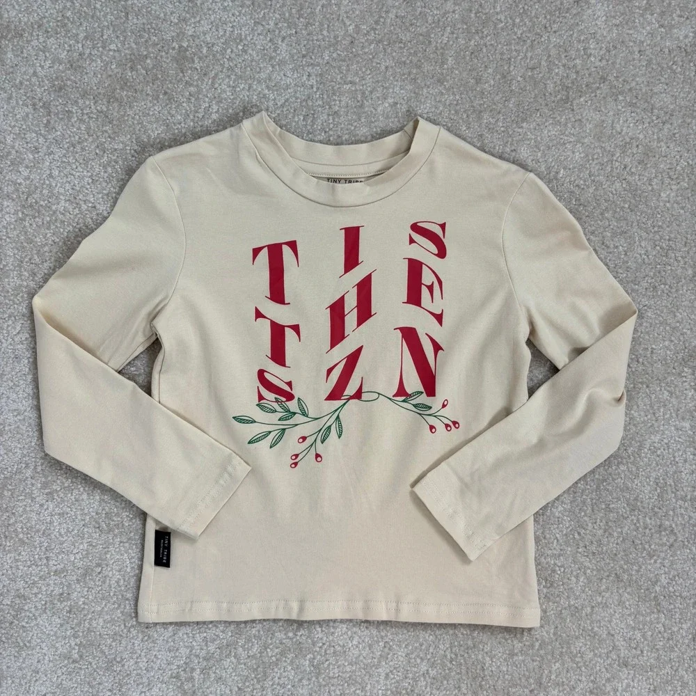 Tiny Tribe Australia The SZN Long Sleeve Top Kids Size 5 Beige Graphic Holiday